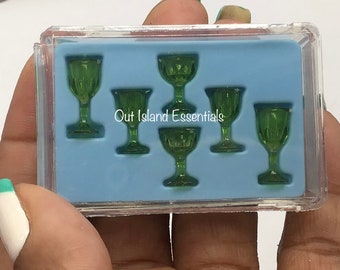 Miniature Stemware Glasses Set Of 6 | Dollhouse Green Cut Glasses I Miniature Doll Glasses I 1:12 Scale Dollhouse Accessories