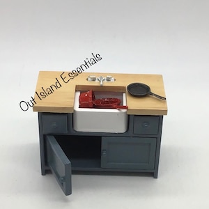 Miniature  Kitchen Sink I Dollhouse Miniature Blue/Oak Kitchen Sink I Miniature 1:12 Scale Kitchen Sink Unit