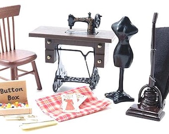 Miniature Sewing Room Set, 1:12 Scale Dollhouse Tailor Supplies