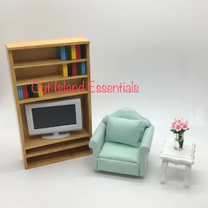 Miniature Book Shelf With T.V. & Books I Miniature Bookcase I Dollhouse Miniature Furniture I Miniature 1:12 Scale Display Bookshelf