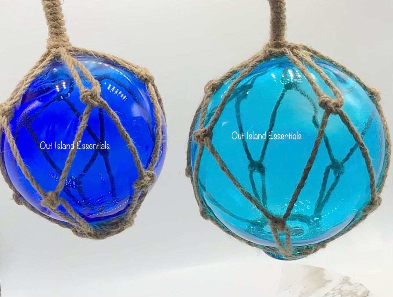 2 Cobalt Blue Glass Fishing Floats- Nautical Coastal Beach Decor - Fish Net  Buoy Ball w/ Rope Netting - Christmas Ornaments -Single, 3 or 6
