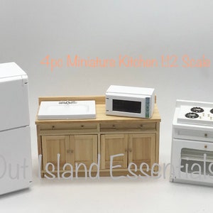 Miniature Complete Kitchen I Dollhouse Miniature White And Oak Kitchen I Complete Kitchen Essentials I Miniature 1:12 Scale Kitchen