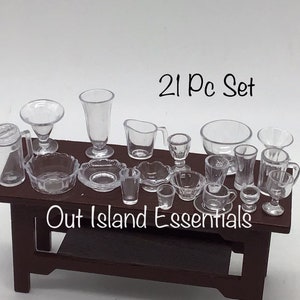 Miniature Kitchen Glassware Set Of 21 | Dollhouse Clear Glassware I Miniature Doll Kitchen Glassware | 1:12 Scale Dollhouse Accessories