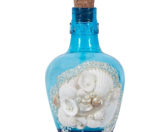 Bahama Blue Bottle with Shells 5" I Coastal Decor Bottle With Cork