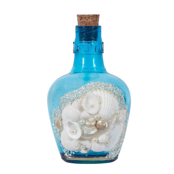 Bahama Blue Bottle with Shells 5" I Coastal Decor Bottle With Cork