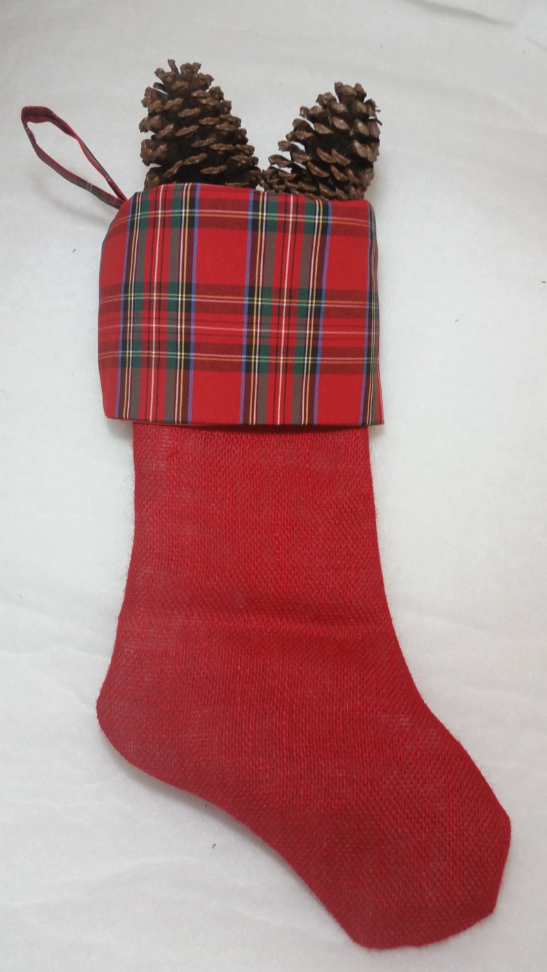 Red Burlap Christmas Stocking With Red Tartan Plaid Cuff Etsy