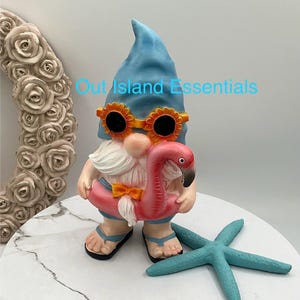 Beach Gnome Statue I Funny Flamingo Floaty Coastal Gnome I Seaside Gnome I Coastal Gnome Table Decor