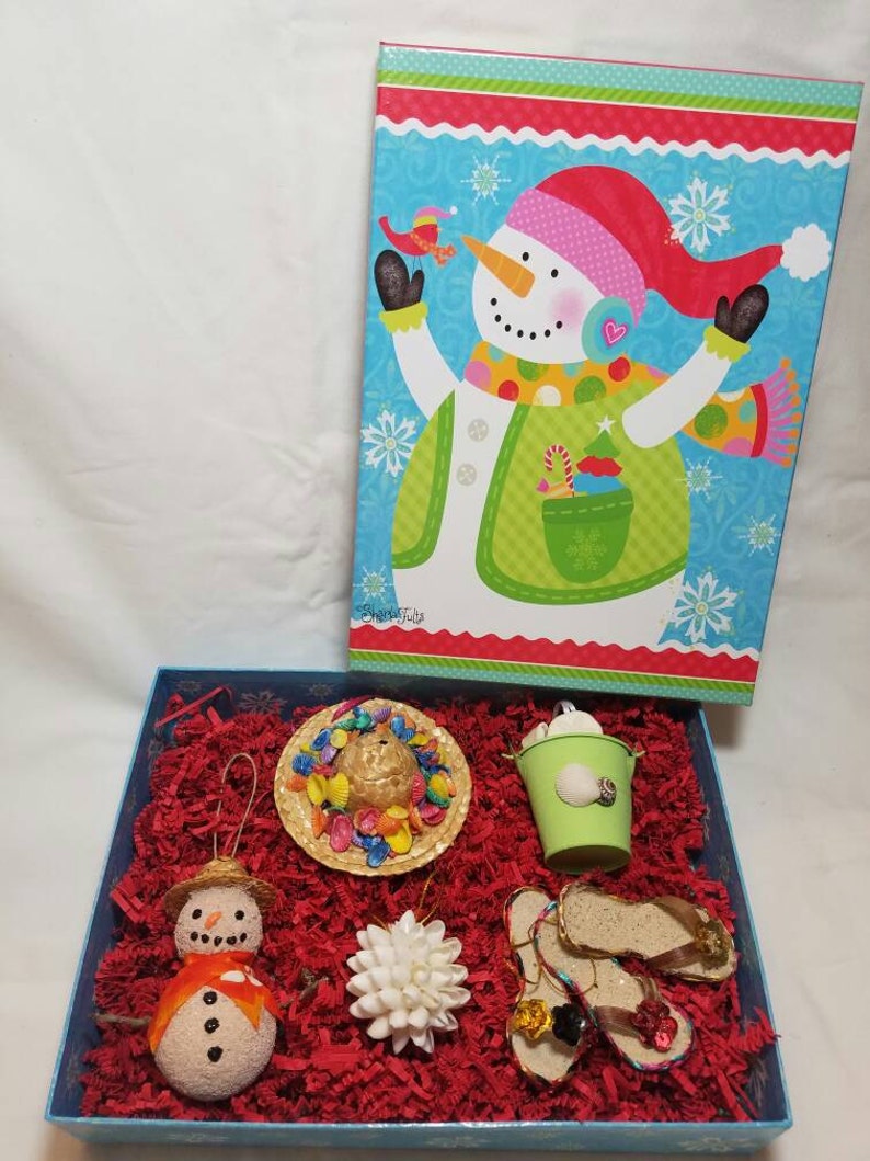 Coastal Christmas Gift Coastal Gift Seashell Christmas Ornament Gift 7 Pack Gift Box of Assorted Christmas ornaments