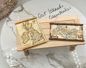 Artisan Made 2 Pc Dollhouse Miniature Wall Maps | Dollhouse Vintage World And United Kingdom Map | Miniature Dollhouse Geography 1:12 Scale