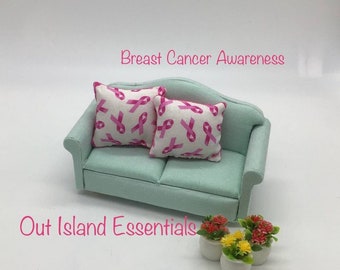 2 Pc. Dollhouse Miniature Pillow | Breast Cancer Awareness | Miniature 1:12 Scale Pillows | Dollhouse Accessories | Miniature Accent Pillows