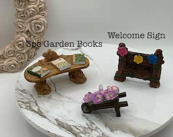 3 PC Dollhouse Garden Books OR Welcome Sign | Miniature Dollhouse Garden Decor I Miniature Dollhouse  1:12 Scale Accessories