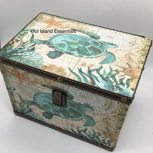 Turtle Box I Sand Dollar Box | Coastal Trinket Box | Coastal Gift Box | Coastal Display Box |Seashell Wooden Box