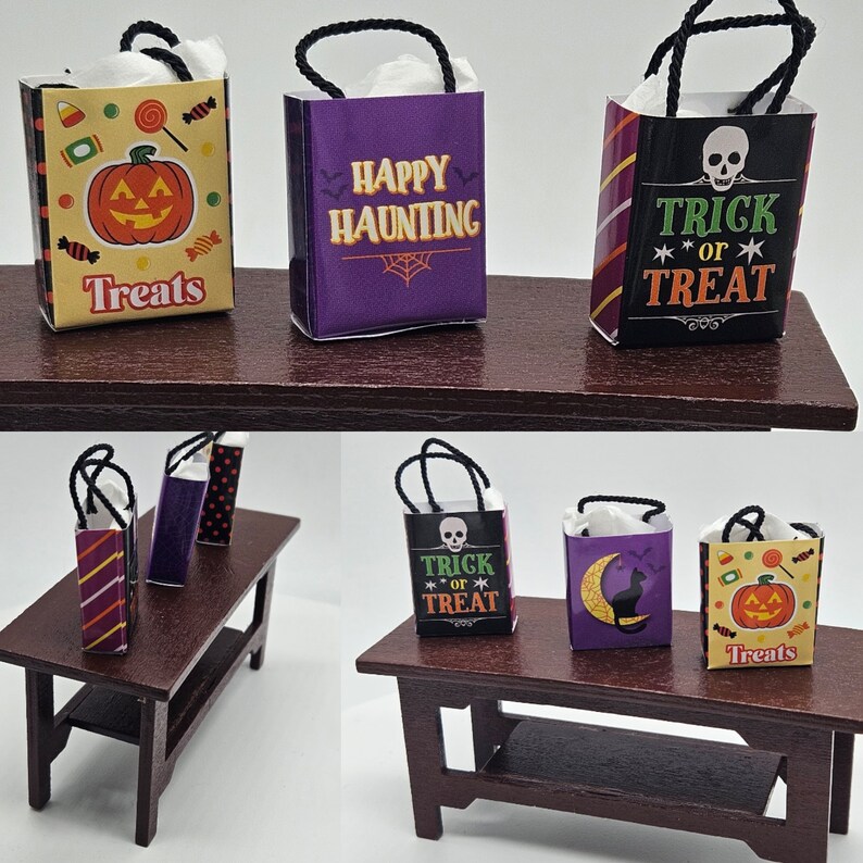 May include: Three miniature Halloween treat bags with black handles. The bags are decorated with different Halloween themes: one with candy and the text "Treats", one with a spiderweb and the text "Happy Haunting", and one with a skull and the text "Trick or Treat".