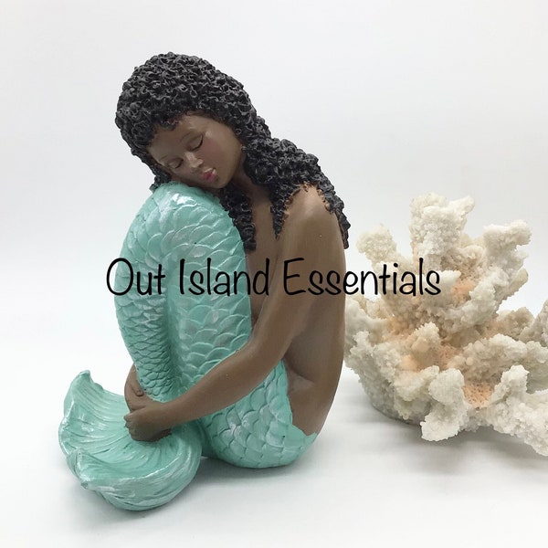 Brown Mermaid Statue | Black Mermaid Decoration | Daydreaming Mermaid | Melanin Mermaid | Little Mermaid I Mermaid Decor I Sleeping Mermaid