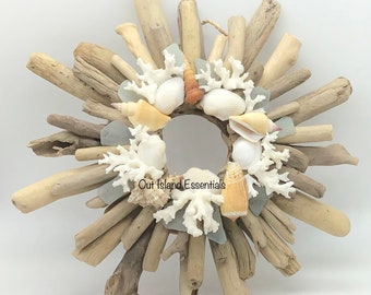 Sunburst Driftwood Sign I Coastal Wall Decor I Driftwood Seashells Sea Glass And Authentic Coral Decor I Artisan Originals