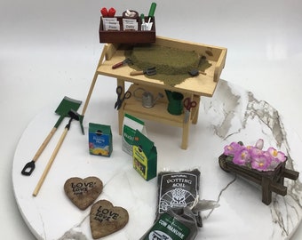 Dollhouse Gardening Essentials I Dollhouse Potting Bench With Tools I Miniature Garden Potting Table I 1:12 Scale Garden Accessories