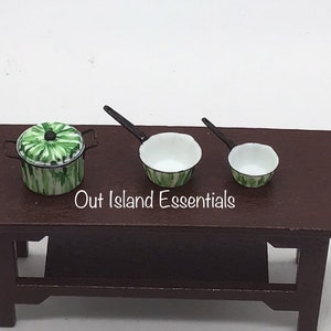 4 Pc. Dollhouse Green Flow Kitchenware I Miniature Doll Flow Sauce Pan I Miniature Dollhouse Kitchenware I 1:12 Scale Dollhouse Cooking Pots