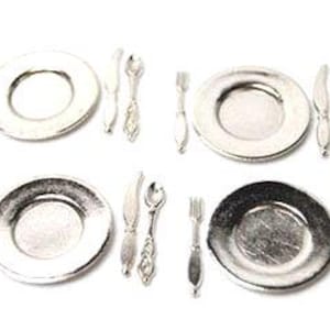 16 Pc. Miniature Plate Set I Dollhouse Silver Dishes I Miniature Doll Plates I Miniature Dollhouse Dishes I 1:12 Scale Doll Accessory