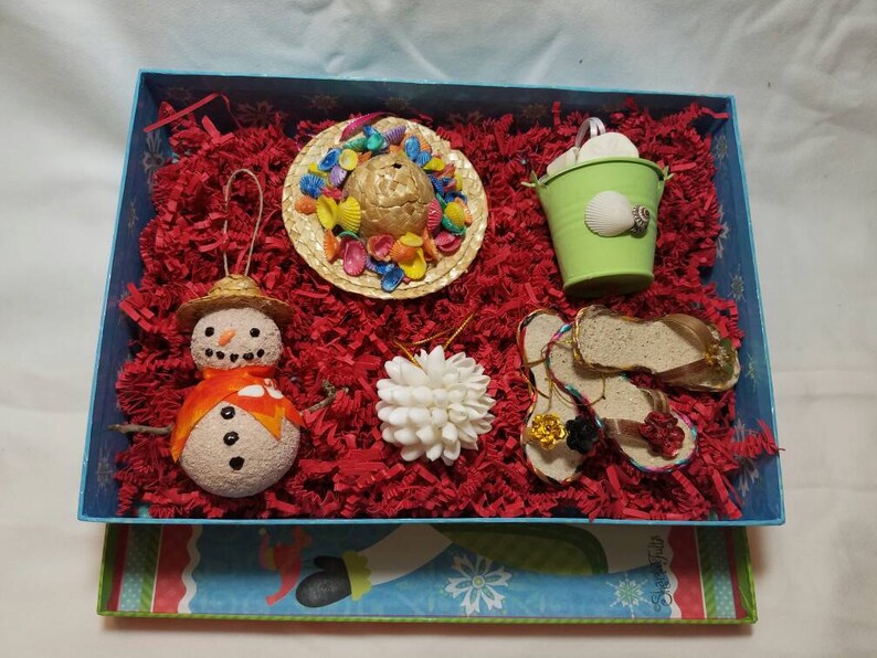 Coastal Christmas Gift Coastal Gift Seashell Christmas Ornament Gift 7 Pack Gift Box of Assorted Christmas ornaments