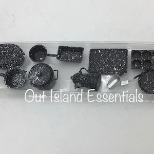 11 Pc. Dollhouse Black Spatterware Pot Set I Miniature Doll Pots I Miniature Dollhouse Kitchenware I 1:12 Scale Dollhouse Cooking