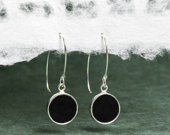 Handmade Gemstone Earrings - Black Onyx Round Disc Drop 925 Sterling Silver Long Earrings - black gemstone, unique, beautiful gifts