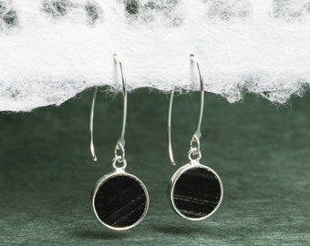 Black Obsidian 925 Sterling Silver long circle drop earrings - Minimalist, Elegant, Sophisticated Jewelry for Mom, Wife, Sister, Bridesmaids