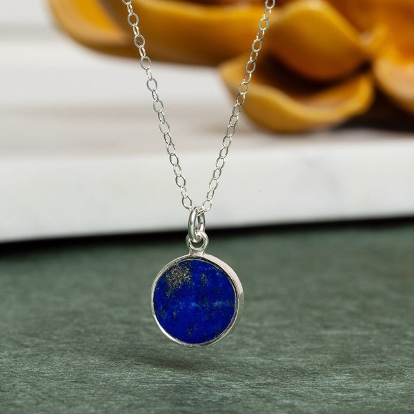 Lapis Lazuli 925 Sterling Silver Circle Shape Pendant on Dainty Cable Chain Jewelry Gifts for Mom, wife, sister, handmade gemstone necklace