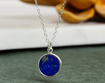 Lapis Lazuli 925 Sterling Silver Circle Shape Pendant on Dainty Cable Chain Jewelry Gifts for Mom, wife, sister, handmade gemstone necklace