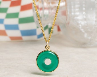 Green Onyx Necklace - Green Gemstone Necklace Minimalist, modern circle disc pendant on 14k Gold Filled Curb Chain - Jewelry Gifts for her
