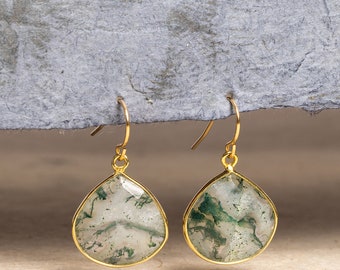 Solar Moss Agate Gold Dangle Drop Earrings on 14k Gold Filled Earwire - Elegant, statement, bold jewelry gifts for her, mom, wife, sister