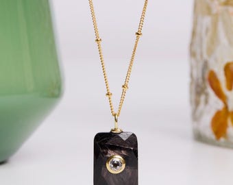 Gold Hyperstein Rectangle Pendant Necklace - Minimalist, Geometric, Black Gemstone on 14k Gold Filled long or short layering satellite chain