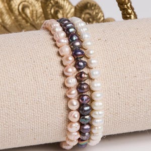 Beaded Pearl Bracelets - White, pink or purple elastic 6mm genuine pearl bracelet - mother&#39;s day, bridesmaids, jewelry gift for her, mom