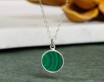 Green Malachite 925 Sterling Silver Circle Shape Pendant on Dainty Cable Chain Jewelry Gifts for Mom, wife, sister, handmade gemstone