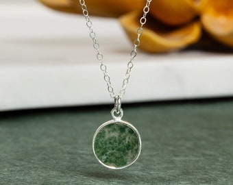 Moss Agate 925 Sterling Silver Round Disc Pendant on Dainty Cable Chain - Jewelry Gifts for Mom, wife, sister, handmade gemstone jewelry