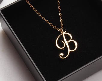 B Initial Necklace - Timeless cursive "B" initial gold pendant - Personalized, Monogram jewelry for women - Vintage inspired font