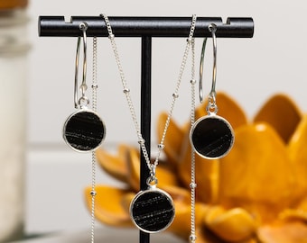 Silver Black Circle Pendant Necklace and Earring Set Black onyx Silver Jewelry Set - Circle Pendant Necklace AND  main image 3