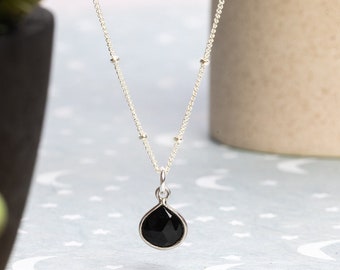 Black Onyx Drop Necklace - Minimalist 925 Sterling Silver Teardrop Pendant on Satellite Chain - Elegant Everyday jewelry gifts for mom, her