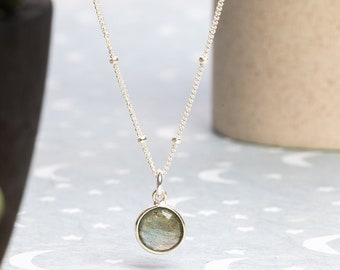 Round Labradorite Silver Necklace on Satellite Chain - Petite, dainty, sophisticated small circle labradorite gemstone - Mother's Day Gifts