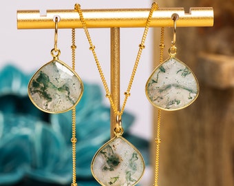 Moss Agate Gold Drop Necklace and Earrings SET / 14k Gold Filled Long or Short Satellite Chain / Boho, nature inspired jewelry gifts for her