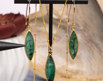 Gold Filled Raw Emerald Dangle Earrings and Necklace SET – Marquis Shaped Drops on 14k Gold Filled Earwires and Long / Short Satellite Chain