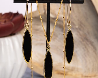 Gold Filled Black Onyx Dangle Earrings and Necklace SET – Marquis Shaped Drops on 14k Gold Filled Earwires and Long or Short Satellite Chain