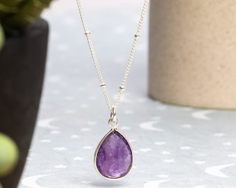 Drop Amethyst Pendant Minimalist 925 Sterling Silver Jewelry Gifts for her - Elegant Silver Satellite Chain 18 20 24 layering length options