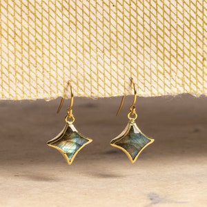 Labradorite Gold Star Earrings 14k gold filled earwire - Dangle drop 4 point star shape bezel gemstone - unique jewelry gift ideas for her