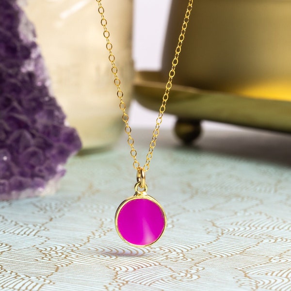 Fuchsia Chalcedony Gold Round Pendant Necklace - Minimalist, modern bright pink gemstone necklace - Jewelry gifts for Mom, grandma, wife.