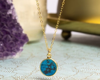 Chrysocolla Gold Round Pendant Necklace - Small Round Pendant 14K Gold Filled Dainty Cable Chain - Bride and bridesmaids, Gifts for her, mom