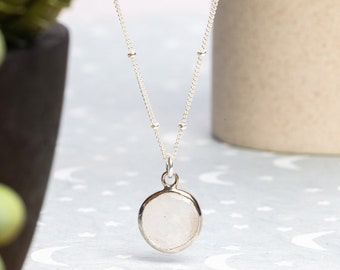 Round Moonstone Pendant - Minimalist 925 Sterling Silver Jewelry - Satellite Chain 18 20 24 lengths chain for layering - Mother's Day Gifts