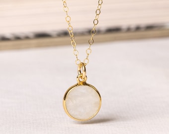 Moonstone Small Disc Round Necklace - Genuine white rainbow moonstone gemstone pendant on 14k gold filled minimalist chain - Gifts for her