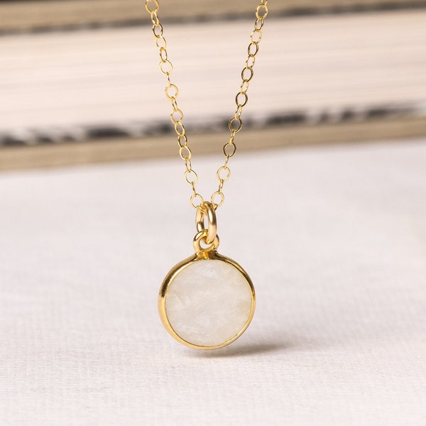 Moonstone Small Disc Round Necklace - Genuine white rainbow moonstone gemstone pendant on 14k gold filled minimalist chain - Gifts for her