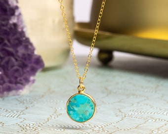 Turquoise Gold Round Pendant Necklace, Minimalist Round Circle Pendant on Dainty 14k adjustable Gold Filled Chain, Jewelry gifts for her