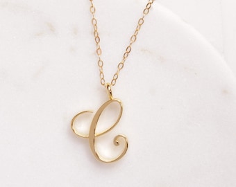 C Initial Necklace - Cursive "C" initial gold pendant - Personalized, Monogram gold jewelry for women - Vintage inspired font - Initials